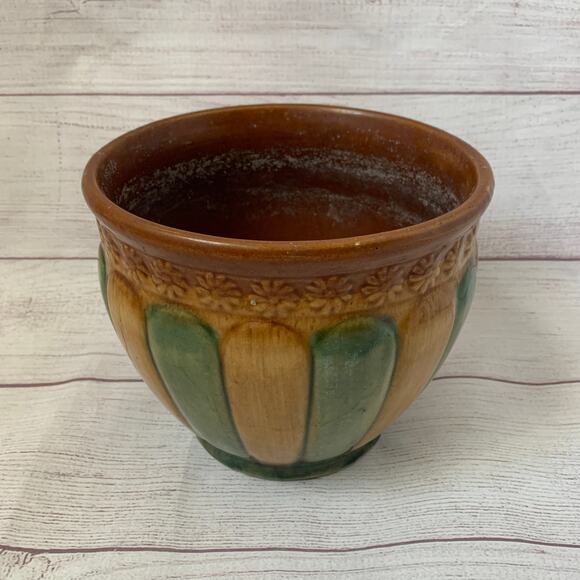 Antique Brown Green Striped Pottery Planter Majolica Glaze Floral Medallions - Picture 14 of 16